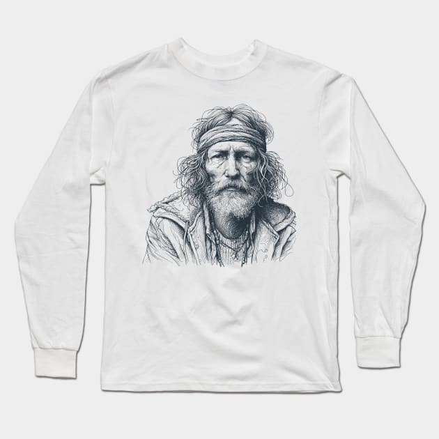 homeless man, artistic sketch, art sketch, artist sketch, old hippie Long Sleeve T-Shirt by Thunder Biscuit